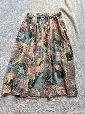Vintage Floral Patchwork Midi Skirt in Pink, Blue & Yellow